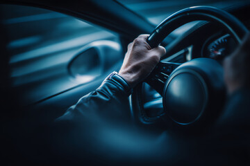A close-up of a person’s hand gripping a car steering wheel inside a dimly lit vehicle, highlighting control and focus during driving