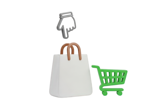 3D Shopping Scene Featuring a White Bag, Green Cart, and Hand Cursor on a Transparent Background, Perfect for E-commerce and Retail Designs - Powered by Adobe