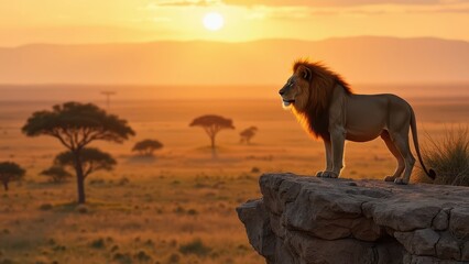 Majestic lion standing proudly on rocky cliff at golden sunset.