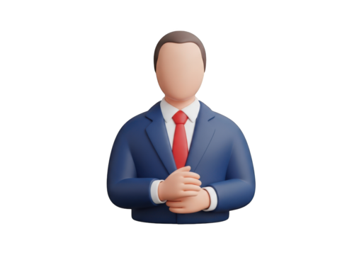 3D Rendering of a Businessman in a Blue Suit with Arms Crossed, Representing Professionalism, Confidence, and Leadership in Corporate Settings and Business Presentations