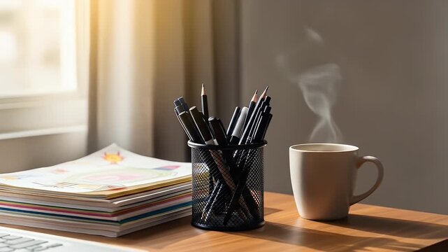 Peaceful morning work from home setup with a steaming coffee mug laptop and art supplies on a wooden desk bathed in warm sunlight slow zoom shot