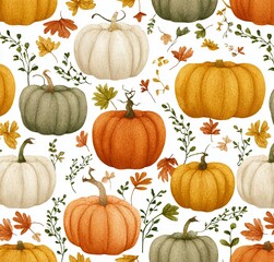 Painted stylized pumpkins in a pattern on a white background, with warm colors, autumn leaves and vines, watercolor, generated image
