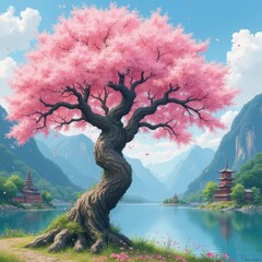 Vibrant pink cherry blossom tree by tranquil lake with majestic temples and mountains.
