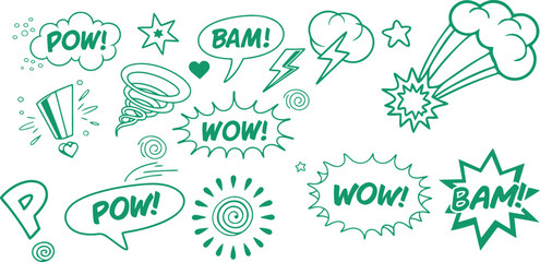 Dynamic comic book style sound effect and speech bubbles featuring pow bam wow and explosion designs silhouette