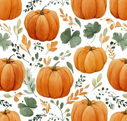 Painted stylized pumpkins in a pattern on a white background, with warm colors, autumn leaves and vines, watercolor, generated image
