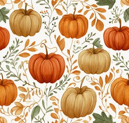 Painted stylized pumpkins in a pattern on a white background, with warm colors, autumn leaves and vines, watercolor, generated image
