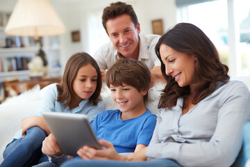 A happy family of four sitting on a couch, engaging together with a digital tablet, smiling and enjoying quality time in a cozy, well-lit living room environment