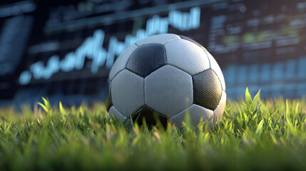 A classic black and white soccer ball rests on lush green grass with a blurred digital scoreboard in the background, symbolizing sports and technology integration