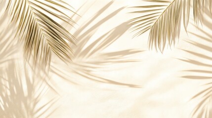 Golden palm leaves and shadows on beige background.