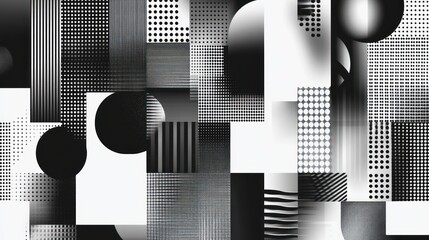 Abstract grayscale geometric pattern with various shapes and textures.