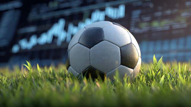 A classic black and white soccer ball rests on lush green grass with a blurred digital scoreboard in the background, symbolizing sports and technology integration