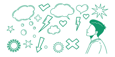 Collection of hand-drawn doodle icons representing ideas thoughts and emotions with a person thinking silhouette