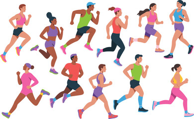  Diverse group of people running, a healthy and active crowd of men and women jogging outdoors, representing fitness, marathon training, and wellness lifestyle.