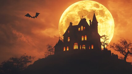 Haunted house at night under a giant orange moon
