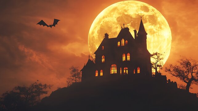 Haunted house at night under a giant orange moon - Powered by Adobe