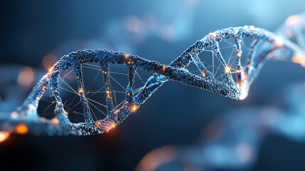 Close-up digital illustration of a glowing DNA double helix strand with connected nodes, representing genetic structure and molecular biology in a futuristic blue tone