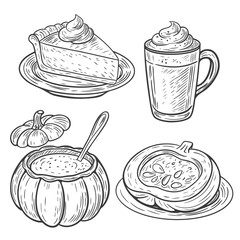 Hand drawn sketch style illustration of autumn pumpkin food and drinks, including pumpkin pie, pumpkin spice latte, creamy pumpkin soup in a pumpkin bowl, and baken pumpkin.