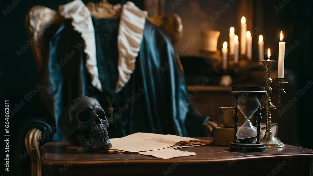 Poster a professor in a cloak sits in a cathedral adorned with intricate gothic architecture, evoking a spo
