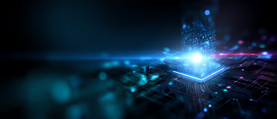 Futuristic microchip glowing with blue and purple light beams, emitting digital particles, symbolizing advanced technology, data transfer, and computing innovation on a dark circuit board