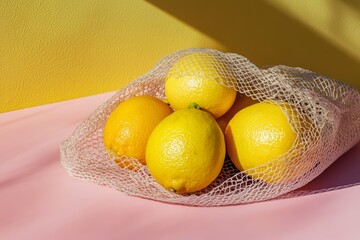 Fresh lemons and oranges in mesh bag against colorful background