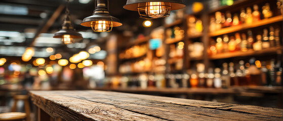 Rustic wooden table in a warmly lit bar with hanging industrial lamps and blurred shelves stocked with bottles in the background