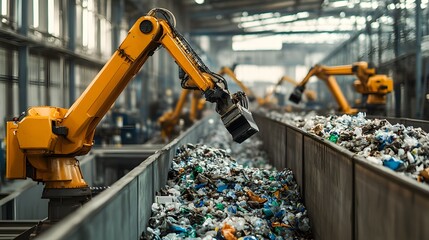 Advanced Robotic Arm Sorting Waste in a Modern Recycling Facility