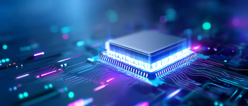 A glowing microchip on a futuristic circuit board, illuminated with vibrant blue and purple neon lights, representing advanced technology and digital innovation