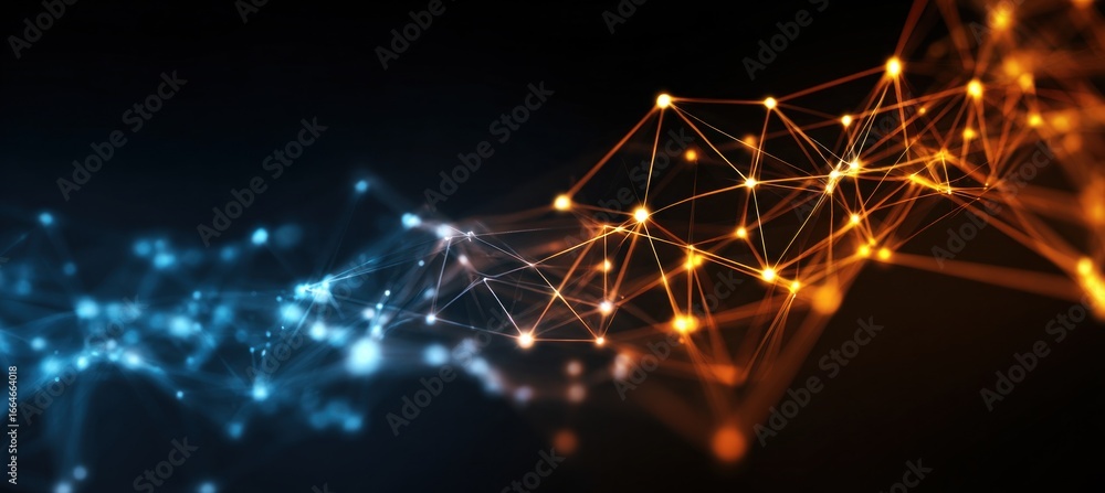 Poster dynamic plexus network featuring interconnected orange and blue particles glowing against dark backd