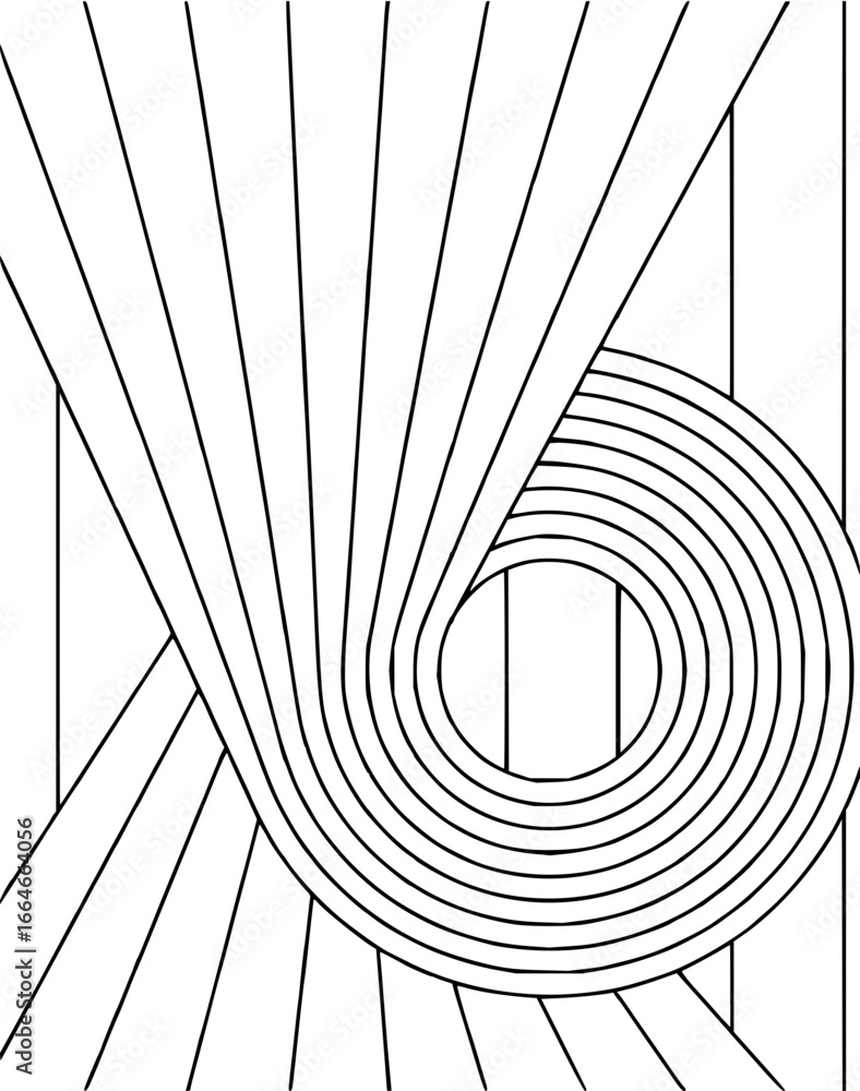 Poster abstract art featuring a swirl of concentric circles and radiating lines in a black and white design