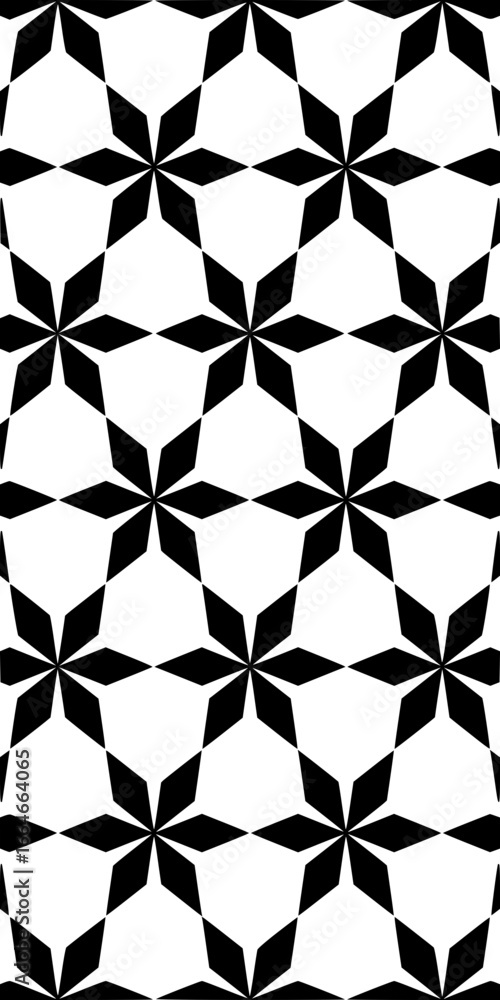 Poster repeating pattern of black six pointed star shapes on a white background creating a seamless design
