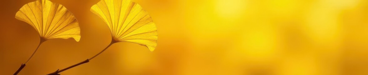 Ginkgo biloba's fan-shaped leaves on a warm yellow, autumnal header included, macro, tree