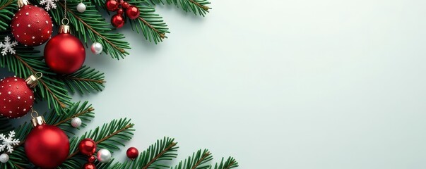 Festive red, green, white ornaments & branches form a Christmas border ,  background, christmas border