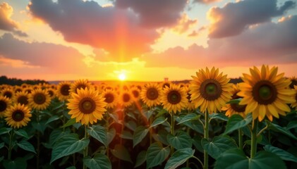Golden hour light bathes tall sunflowers, vibrant sunset sky , agriculture, evening, golden hour