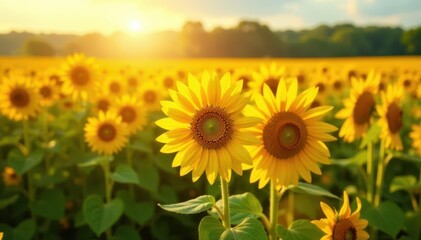 Obraz premium Golden sunflowers bask in sunlight, vibrant field , bloom, blue, harvest