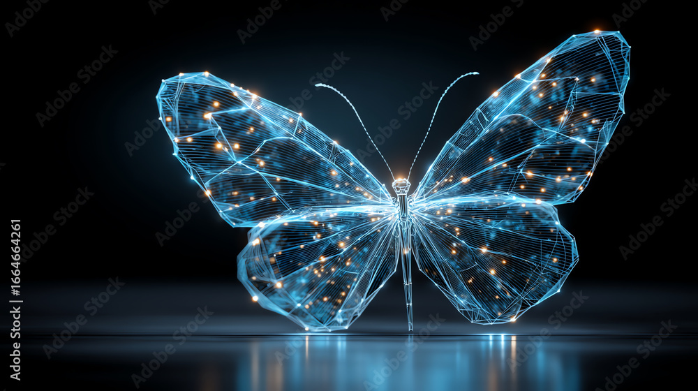 Poster a glowing digital butterfly constructed from blue wireframe lines and sparkling points of light, set