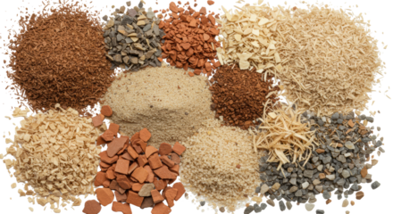 Macro, top-down of pristine, dry natural earth elements like soil, sand, and wood chips scattered on a bright white surface with copy space, sustainable origins concept