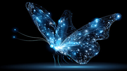 Digital butterfly composed of glowing blue network lines and nodes on a black background, symbolizing technology and connectivity with an ethereal, futuristic design