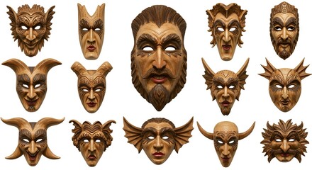 Assortment of detailed wooden masks depicting various faces and horned creatures set against a white background