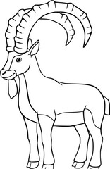 Illustration of a standing ibex with large curved horns in black and white outline style drawing art