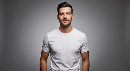 Portrait of a handsome man with dark hair wearing a white t shirt against a gray gradient background