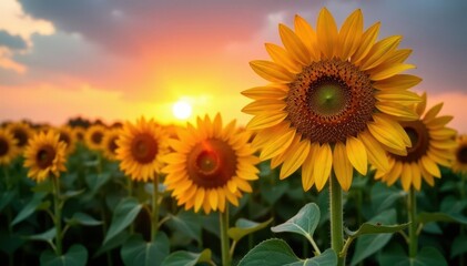 Tall sunflowers facing setting sun, intense colors , sunflowers, clouds