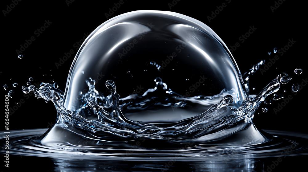 Poster a clear water bubble splashes on a black surface, creating dynamic ripples and droplets in a high-sp