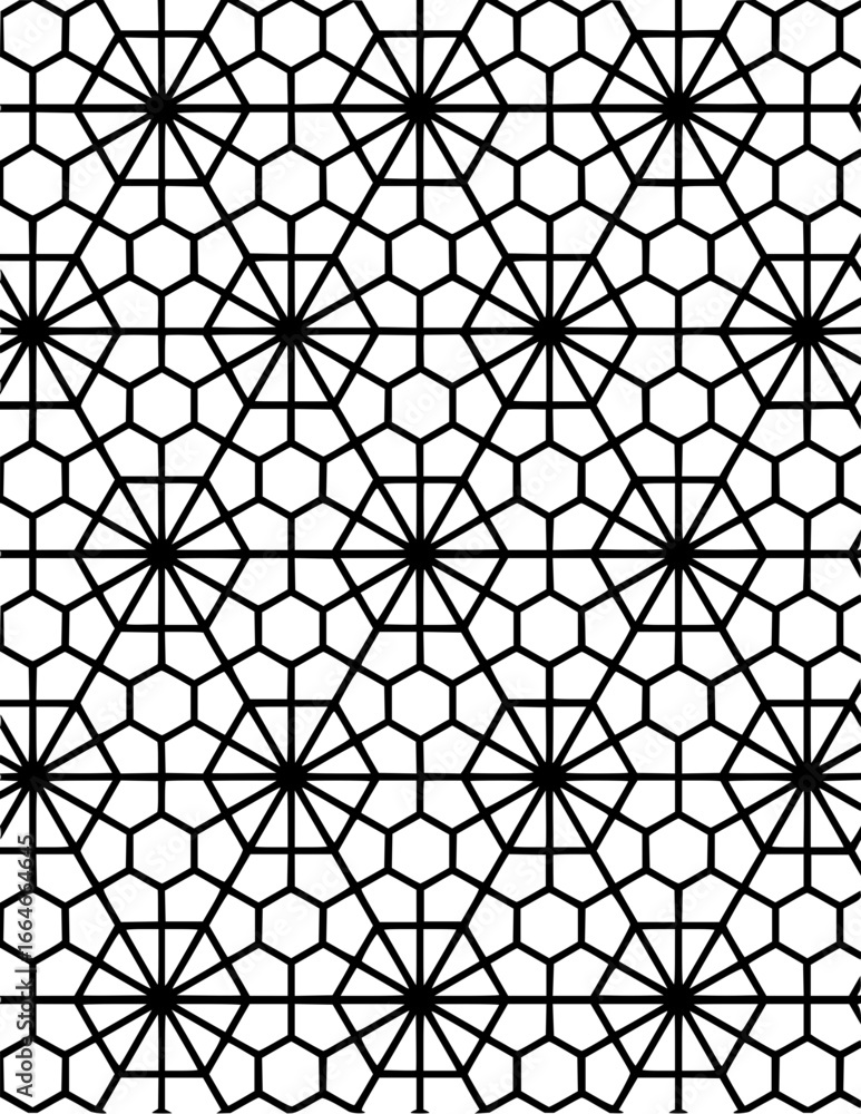 Poster a complex geometric pattern featuring hexagons, radial lines, and interconnected shapes design eleme