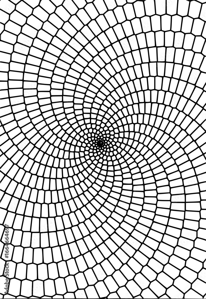 Poster a black and white spiral pattern of connected geometric shapes converging towards the center point v