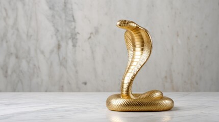Golden cobra statue resting on polished marble, symbolizing exotic luxury and ancient mystique with refined sculptural presence
