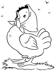 Illustration of a cartoon hen wearing a bonnet standing on grass with birds flying above it in black and white
