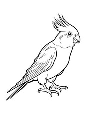 Detailed line art of a cockatiel with a prominent crest standing in a side profile view on white background