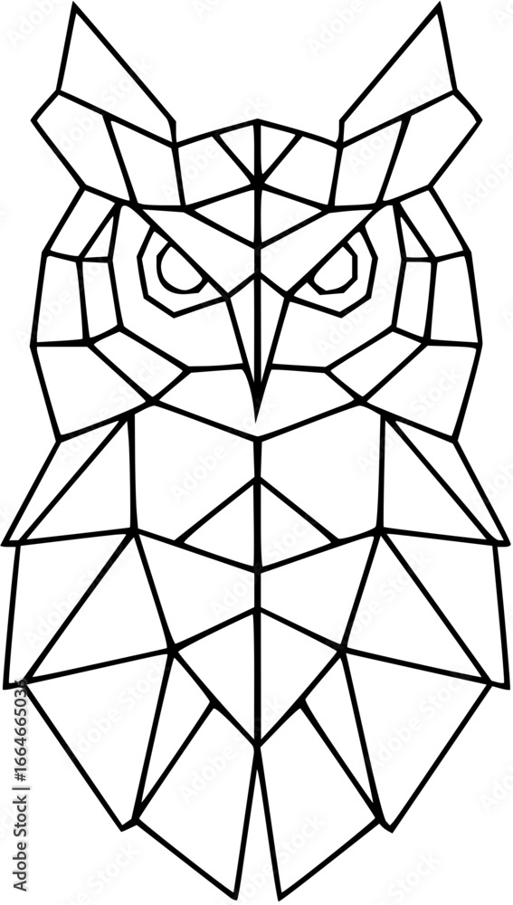 Poster geometric owl illustration featuring a polygonal design with sharp lines and angular shapes in black