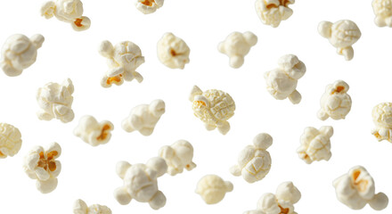 Fluffy white popcorn kernels with light brown tips, dynamically suspended mid-air, sharp focus, airy texture against transparent background, high-key studio light, represents effortless generation