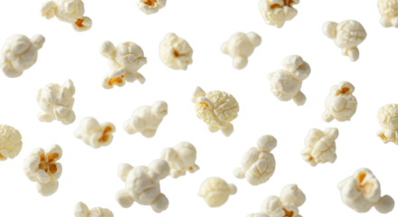 Fluffy white popcorn kernels with light brown tips, dynamically suspended mid-air, sharp focus, airy texture against transparent background, high-key studio light, represents effortless generation
